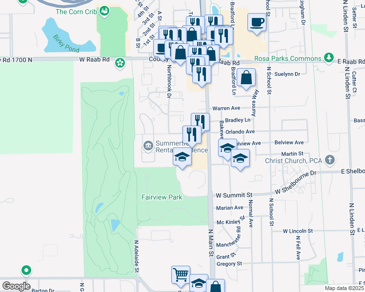 map of restaurants, bars, coffee shops, grocery stores, and more near 619 Orlando Avenue in Normal