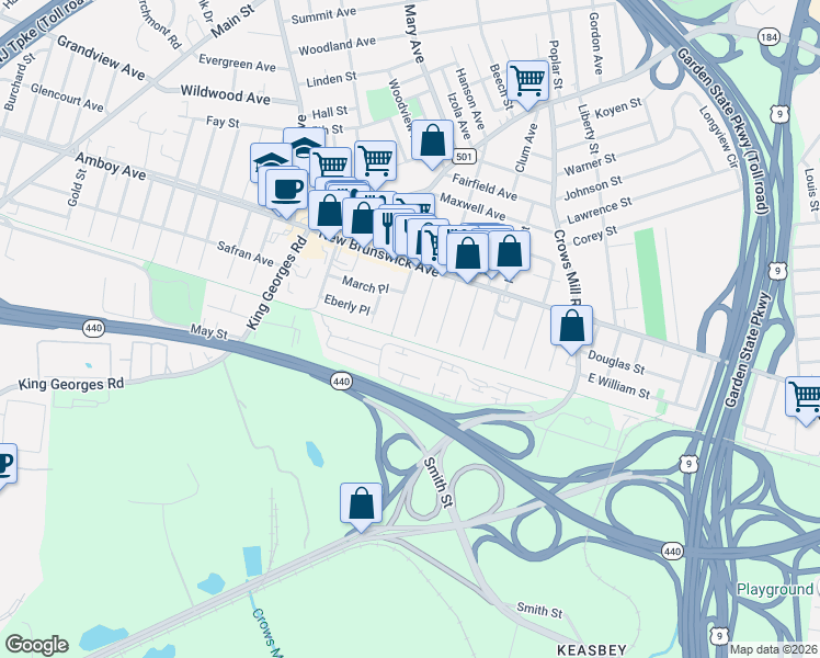 map of restaurants, bars, coffee shops, grocery stores, and more near 7 Ryan Street in Woodbridge Township