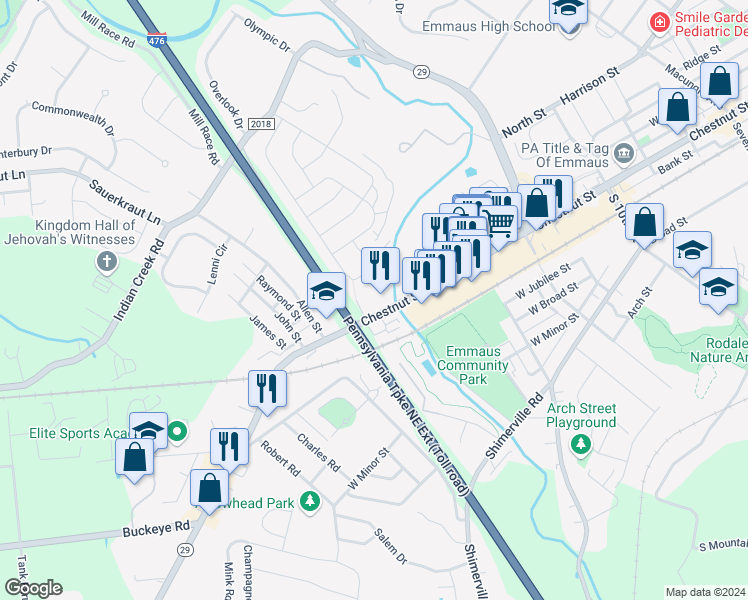 map of restaurants, bars, coffee shops, grocery stores, and more near 3750 Chestnut Street in Emmaus