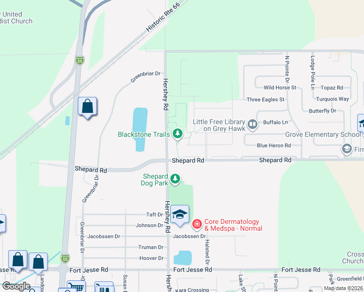 map of restaurants, bars, coffee shops, grocery stores, and more near 2412 Shepard Road in Normal