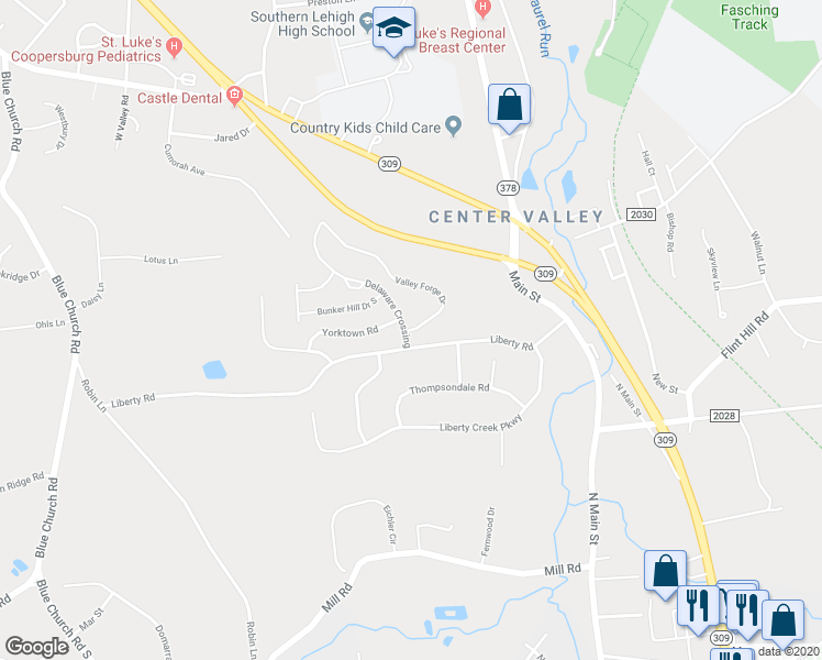 map of restaurants, bars, coffee shops, grocery stores, and more near 6149 Valley Forge Drive in Coopersburg