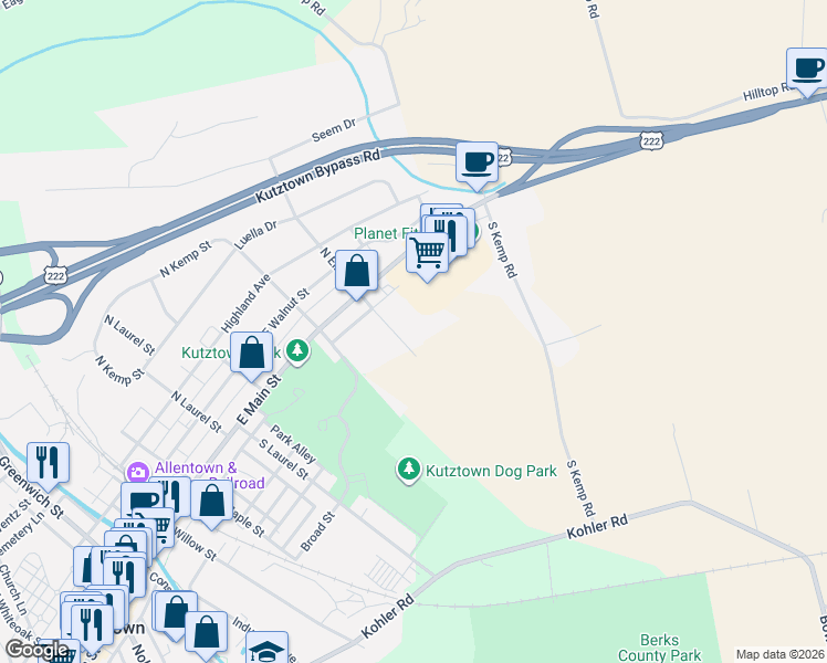 map of restaurants, bars, coffee shops, grocery stores, and more near 40 South Elm Street in Kutztown