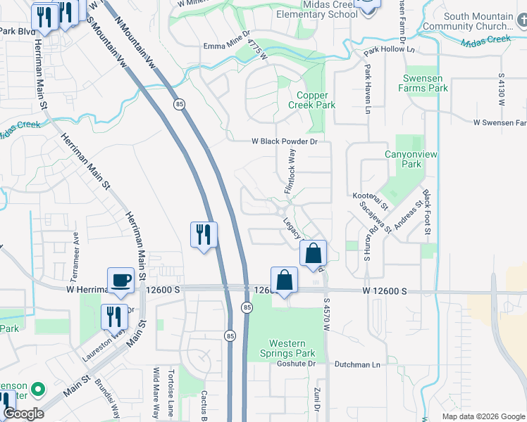 map of restaurants, bars, coffee shops, grocery stores, and more near 4722 Liberation Drive in Herriman