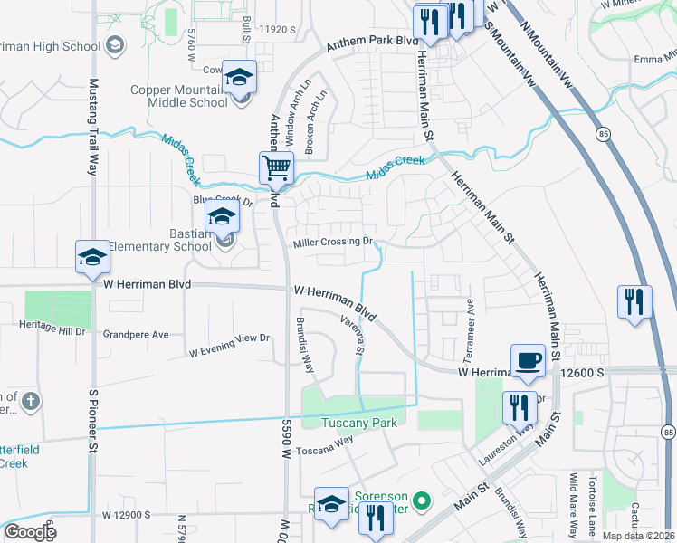 map of restaurants, bars, coffee shops, grocery stores, and more near 5463 Iron King Drive in Herriman