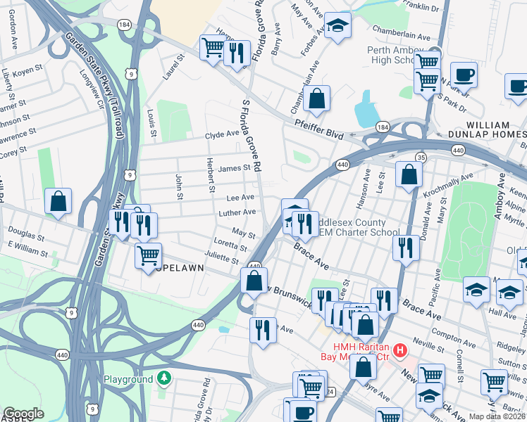 map of restaurants, bars, coffee shops, grocery stores, and more near 630 South Florida Grove Road in Perth Amboy