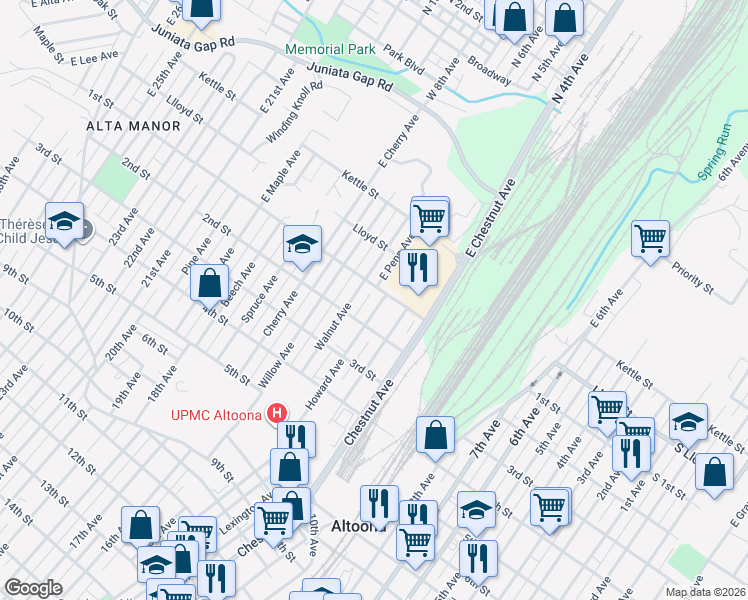 map of restaurants, bars, coffee shops, grocery stores, and more near 1414-18 2nd Street in Altoona