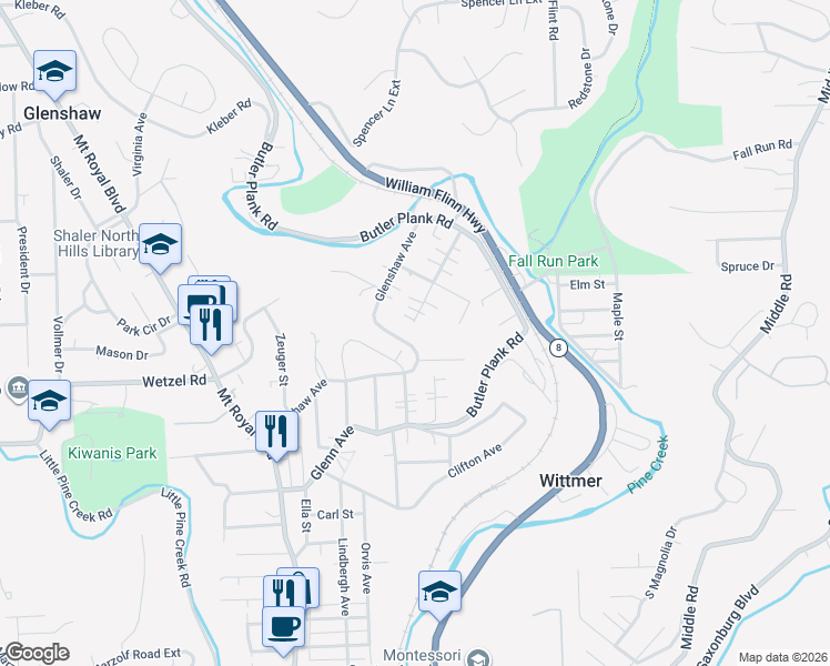 map of restaurants, bars, coffee shops, grocery stores, and more near 601 Glenshaw Avenue in Glenshaw