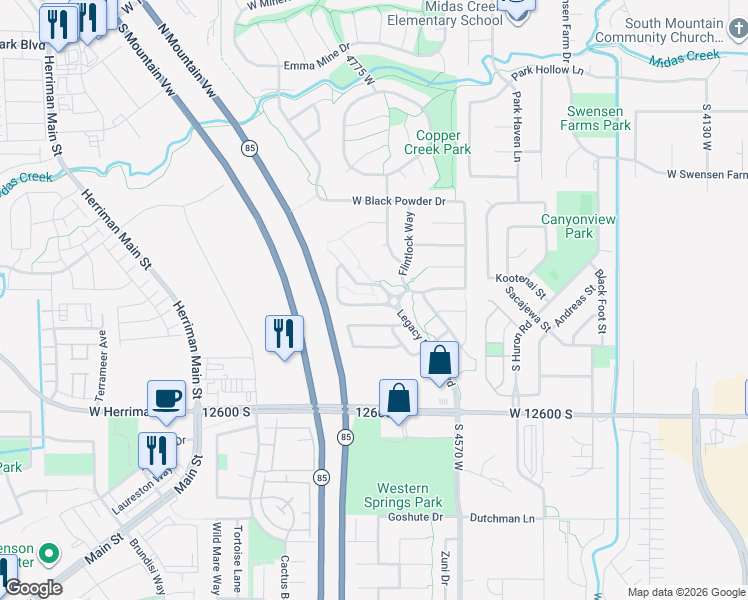 map of restaurants, bars, coffee shops, grocery stores, and more near 4724 Wagon Train Drive in Herriman