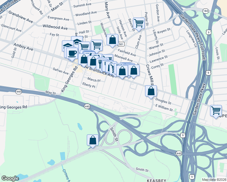 map of restaurants, bars, coffee shops, grocery stores, and more near 7 Ryan Street in Woodbridge Township