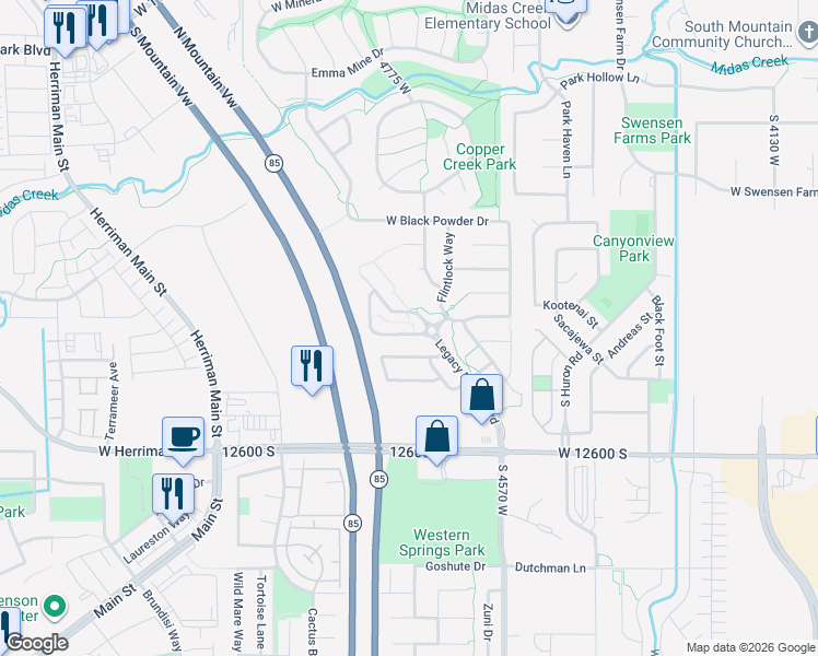 map of restaurants, bars, coffee shops, grocery stores, and more near 4724 Wagon Train Drive in Herriman
