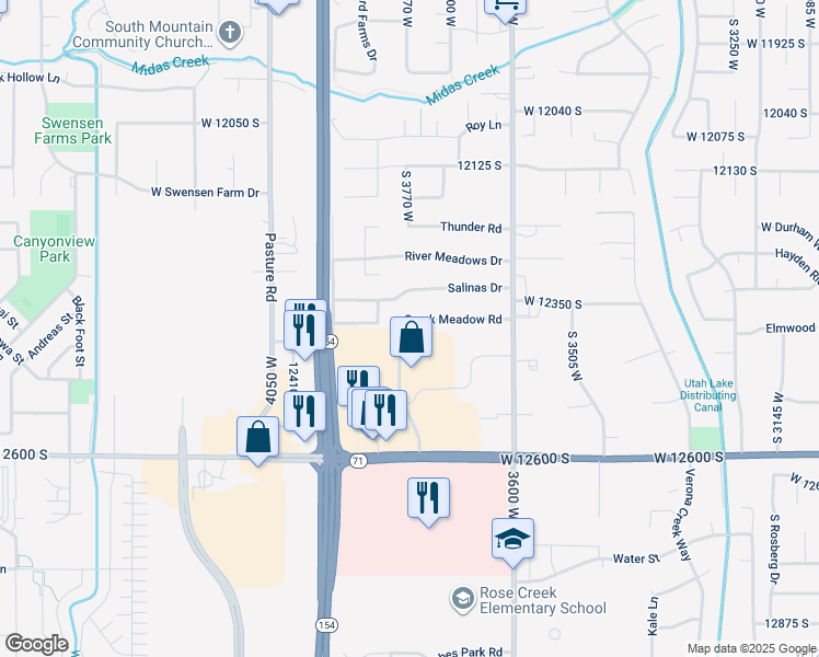 map of restaurants, bars, coffee shops, grocery stores, and more near 12387 Creek Meadow Road in Riverton