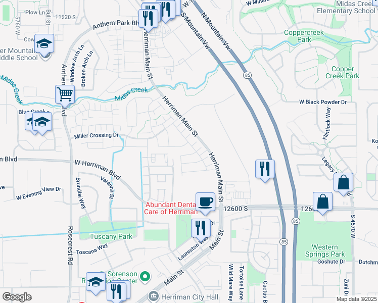 map of restaurants, bars, coffee shops, grocery stores, and more near 5152 West Tessitura Way in Herriman