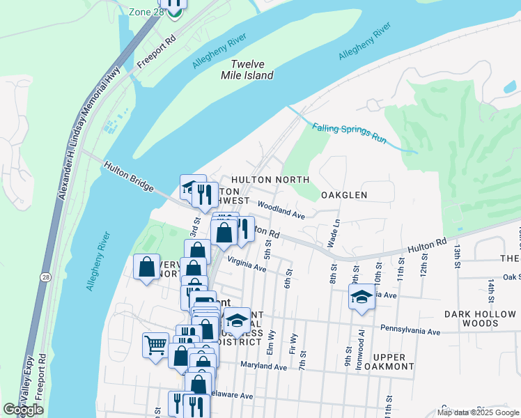 map of restaurants, bars, coffee shops, grocery stores, and more near 403 Hulton Road in Oakmont
