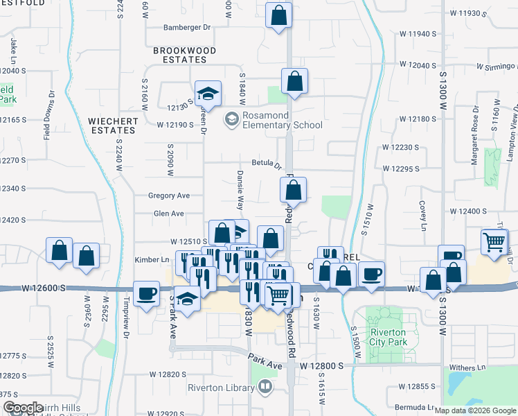 map of restaurants, bars, coffee shops, grocery stores, and more near 1817 Mason Ridge Court in Riverton