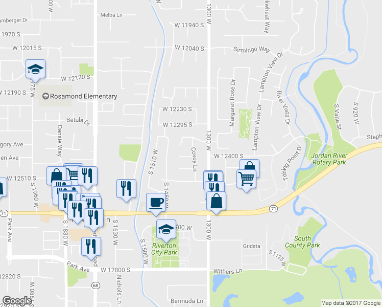 map of restaurants, bars, coffee shops, grocery stores, and more near 1372 Quail Covey Circle in Riverton