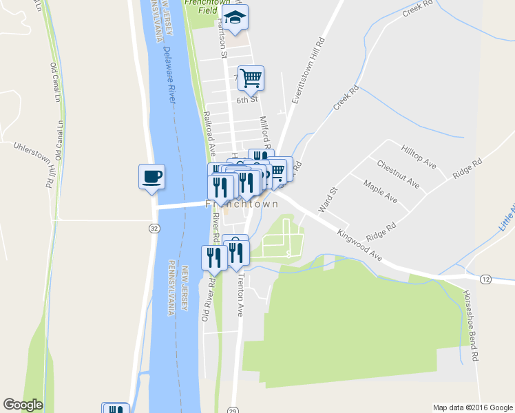 map of restaurants, bars, coffee shops, grocery stores, and more near 3 Trenton Avenue in Frenchtown