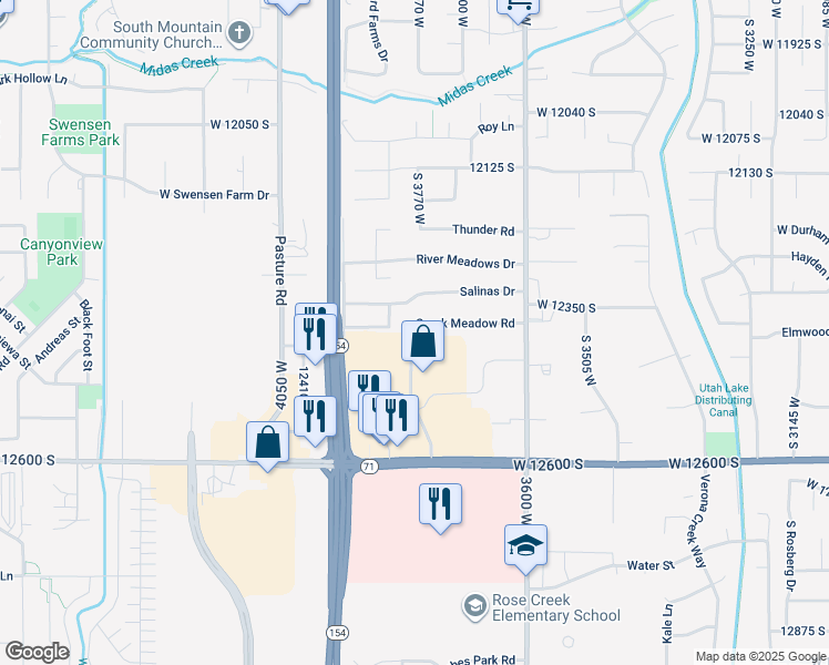 map of restaurants, bars, coffee shops, grocery stores, and more near 12387 Creek Meadow Road in Riverton