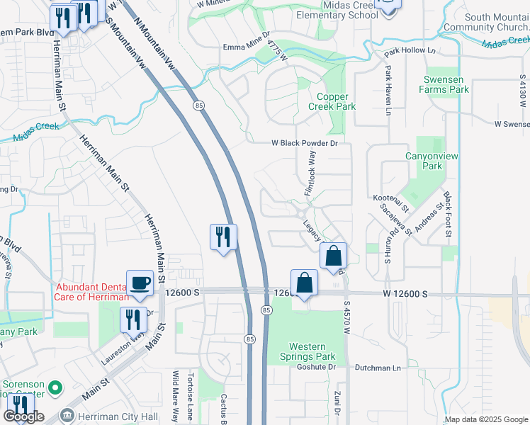 map of restaurants, bars, coffee shops, grocery stores, and more near 12399 Stockade Lane in Herriman