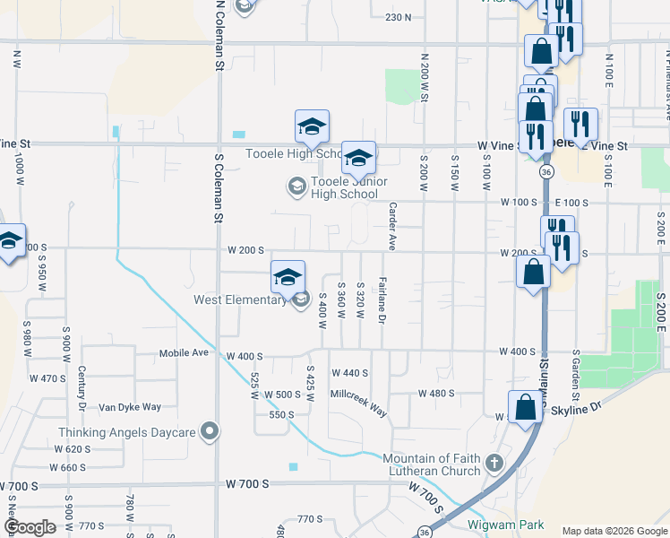 map of restaurants, bars, coffee shops, grocery stores, and more near 378 West 240 South in Tooele