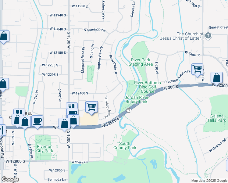 map of restaurants, bars, coffee shops, grocery stores, and more near 1037 West 12400 South in Riverton