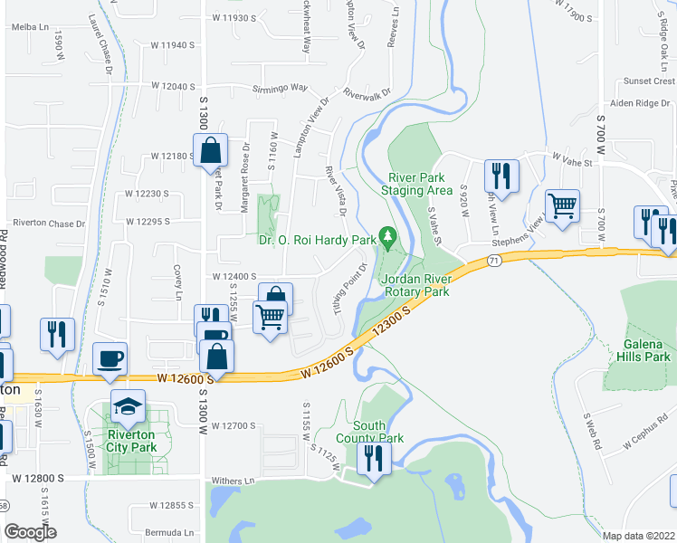 map of restaurants, bars, coffee shops, grocery stores, and more near 1037 West 12400 South in Riverton