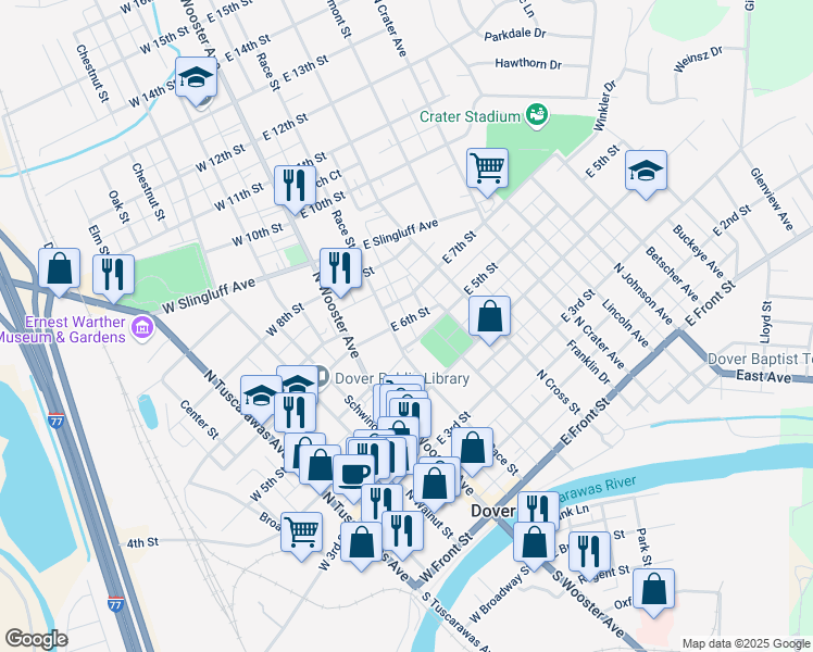 map of restaurants, bars, coffee shops, grocery stores, and more near 435 Race Street in Dover