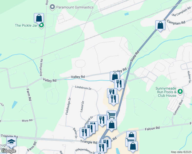 map of restaurants, bars, coffee shops, grocery stores, and more near 74 Valley Road in Somerset County