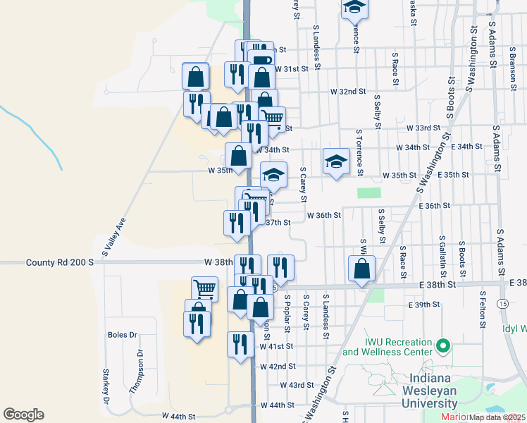 map of restaurants, bars, coffee shops, grocery stores, and more near 705 West 37th Street in Marion