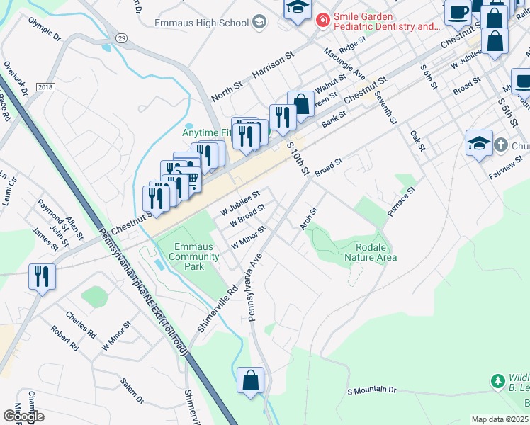map of restaurants, bars, coffee shops, grocery stores, and more near 1213 West Minor Street in Emmaus