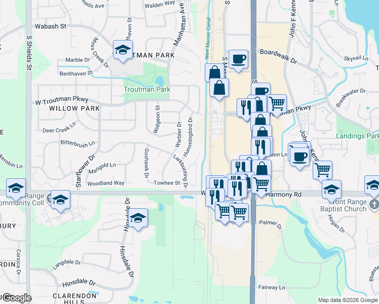 map of restaurants, bars, coffee shops, grocery stores, and more near 4540 Larkbunting Drive in Fort Collins
