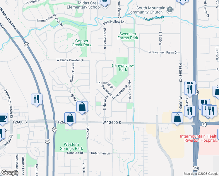 map of restaurants, bars, coffee shops, grocery stores, and more near 12438 Andreas Street in Riverton