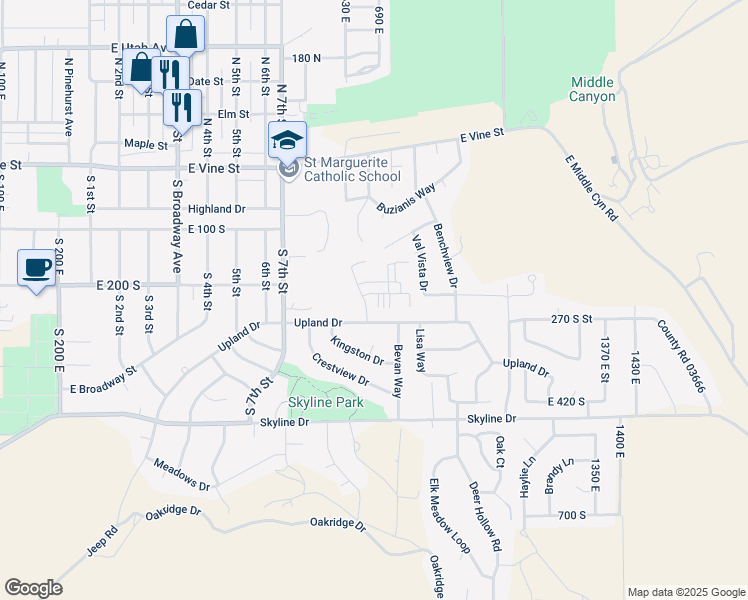 map of restaurants, bars, coffee shops, grocery stores, and more near 697 Upland Drive in Tooele