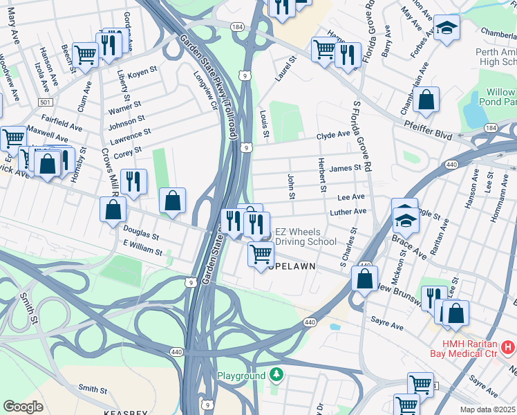 map of restaurants, bars, coffee shops, grocery stores, and more near 149 Luther Avenue in Perth Amboy