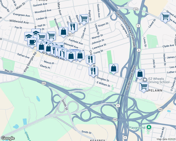 map of restaurants, bars, coffee shops, grocery stores, and more near 20 South Louis Street in Woodbridge Township