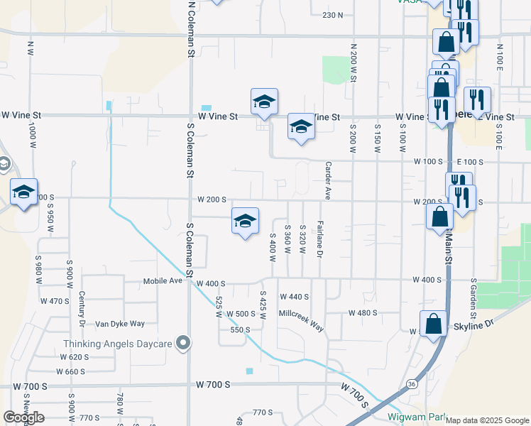 map of restaurants, bars, coffee shops, grocery stores, and more near 268 South 400 West in Tooele