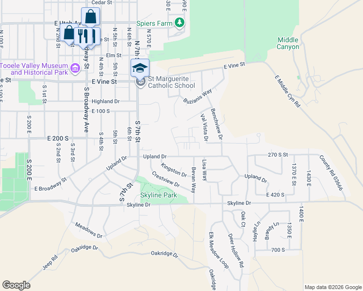 map of restaurants, bars, coffee shops, grocery stores, and more near 5 Benchmark Village in Tooele