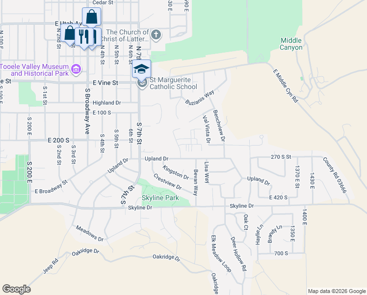 map of restaurants, bars, coffee shops, grocery stores, and more near 697 Upland Drive in Tooele