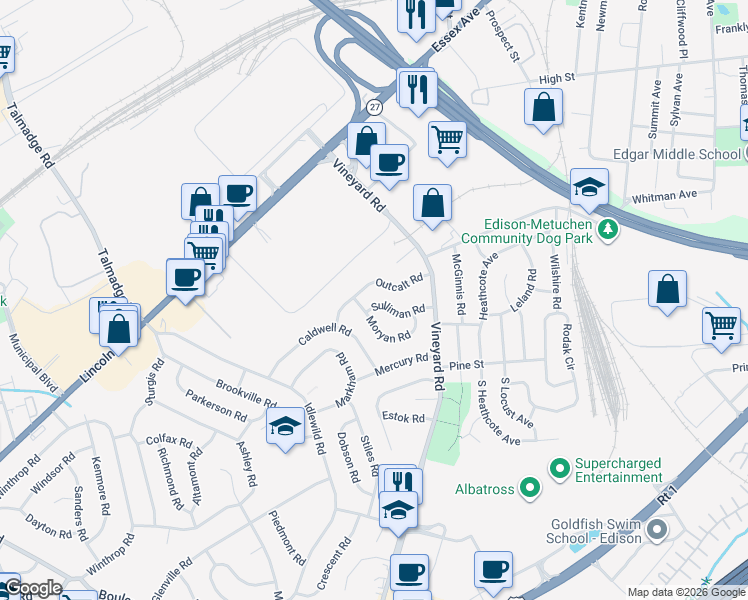 map of restaurants, bars, coffee shops, grocery stores, and more near 28 Moryan Road in Edison