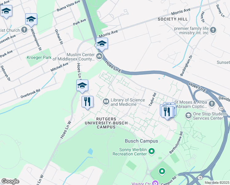 map of restaurants, bars, coffee shops, grocery stores, and more near 189 Bevier Road in Piscataway Township