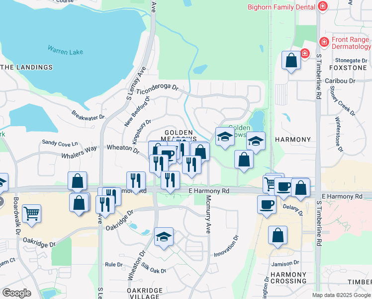 map of restaurants, bars, coffee shops, grocery stores, and more near 4409 Monaco Place in Fort Collins