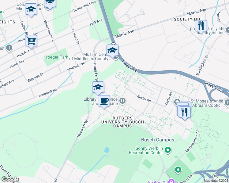 map of restaurants, bars, coffee shops, grocery stores, and more near 185 Bevier Road in Piscataway