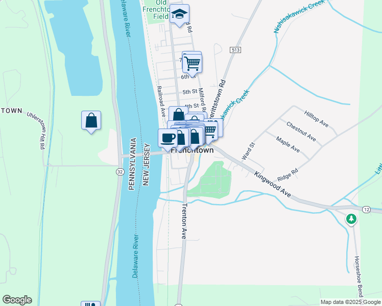 map of restaurants, bars, coffee shops, grocery stores, and more near 48 Bridge Street in Frenchtown