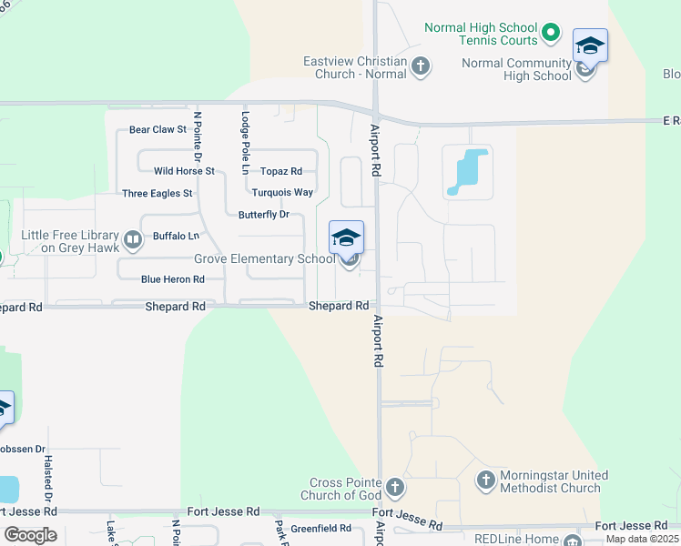 map of restaurants, bars, coffee shops, grocery stores, and more near 1101 Airport Road in Bloomington