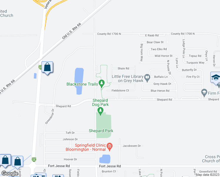 map of restaurants, bars, coffee shops, grocery stores, and more near 2510 Fieldstone Court in Normal