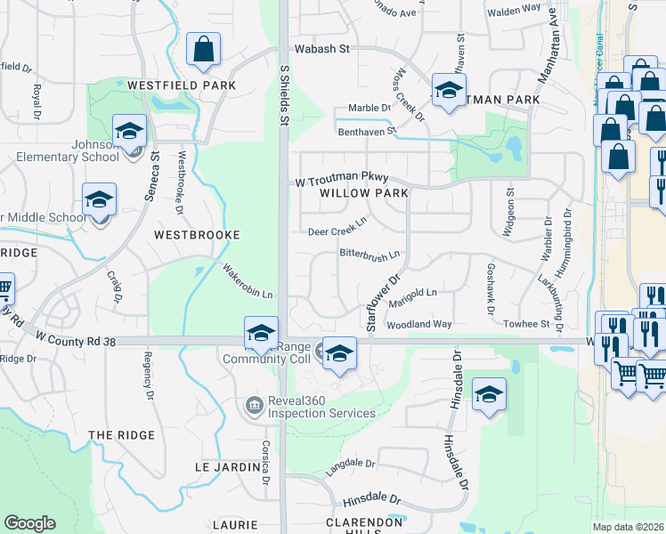 map of restaurants, bars, coffee shops, grocery stores, and more near 966 Bitterbrush Lane in Fort Collins
