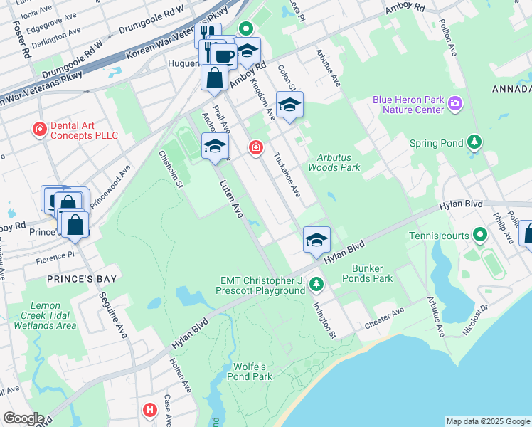 map of restaurants, bars, coffee shops, grocery stores, and more near 1099 Huguenot Avenue in Staten Island