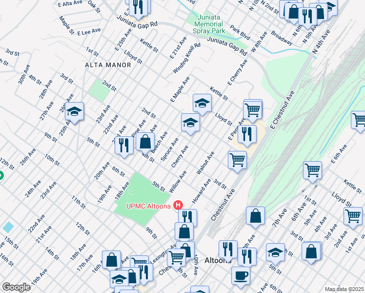 map of restaurants, bars, coffee shops, grocery stores, and more near 1600-1698 2nd St in Altoona