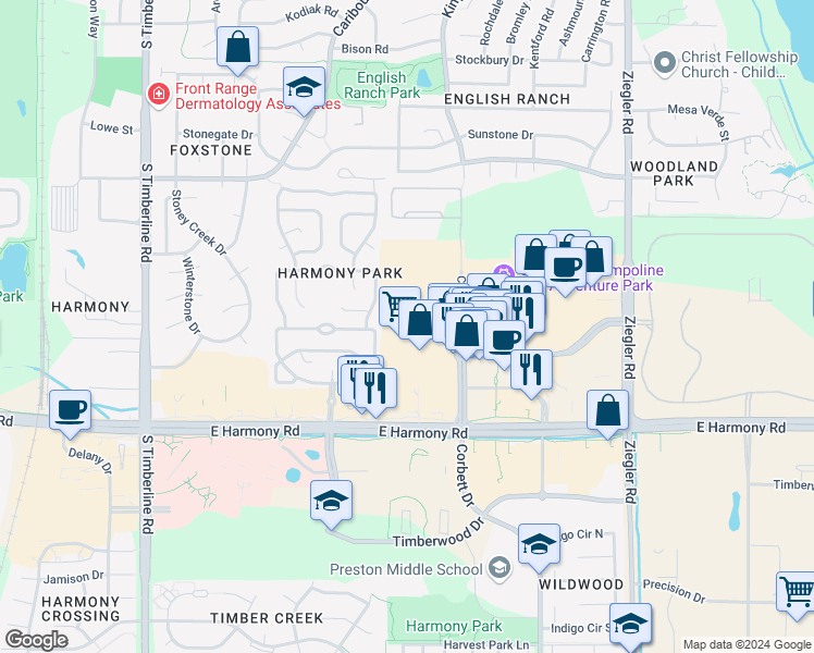 map of restaurants, bars, coffee shops, grocery stores, and more near 4333 Corbett Drive in Fort Collins