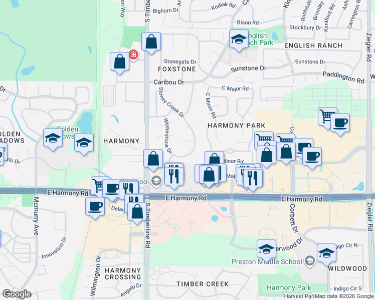 map of restaurants, bars, coffee shops, grocery stores, and more near 2218 Creststone Court in Fort Collins