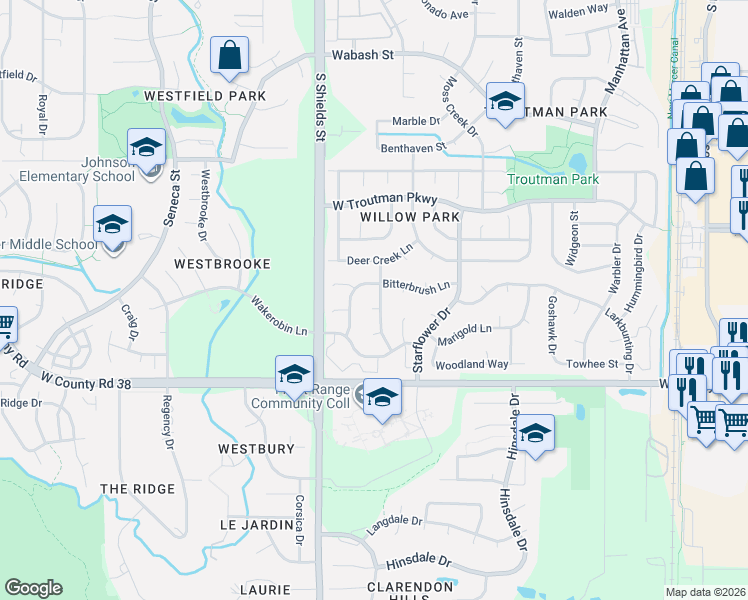 map of restaurants, bars, coffee shops, grocery stores, and more near 966 Bitterbrush Lane in Fort Collins